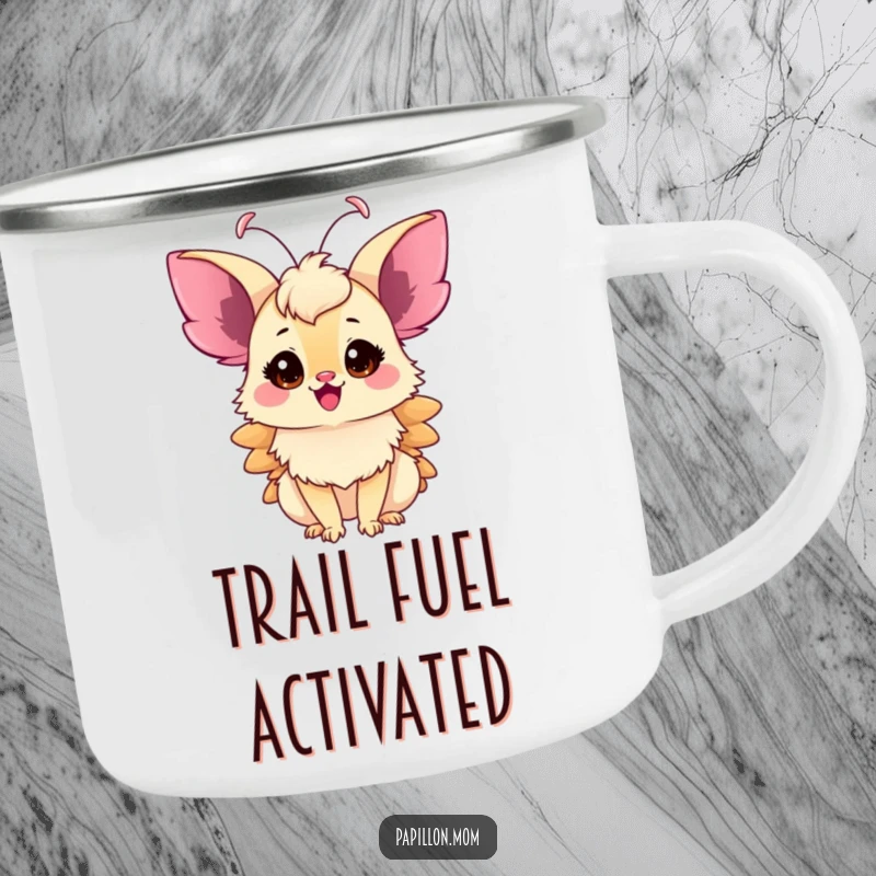 Funny Papillon Lady Camping Mug, delicate antennae twitching with excitement, ideal for outdoor adventures and humorous sipping.