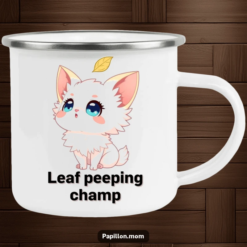 Funny Papillon camping mug showing a dog looking up with sparkling eyes at a falling leaf, perfect for nature lovers.