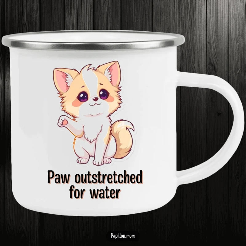 Funny Papillon Camping Mug depicting a lady dog playfully extending a paw, a durable and humorous cup for outdoor enthusiasts.