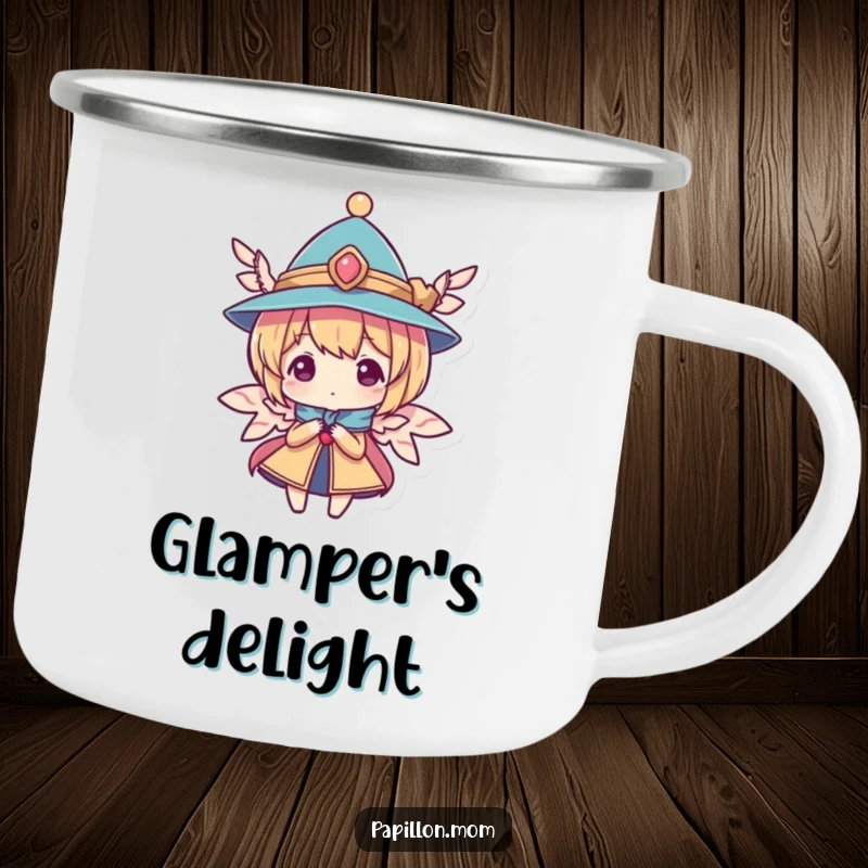 Funny camping mug depicting a character wearing an elegant tiny hat with wings, perfect for enjoying drinks during outdoor excursions.