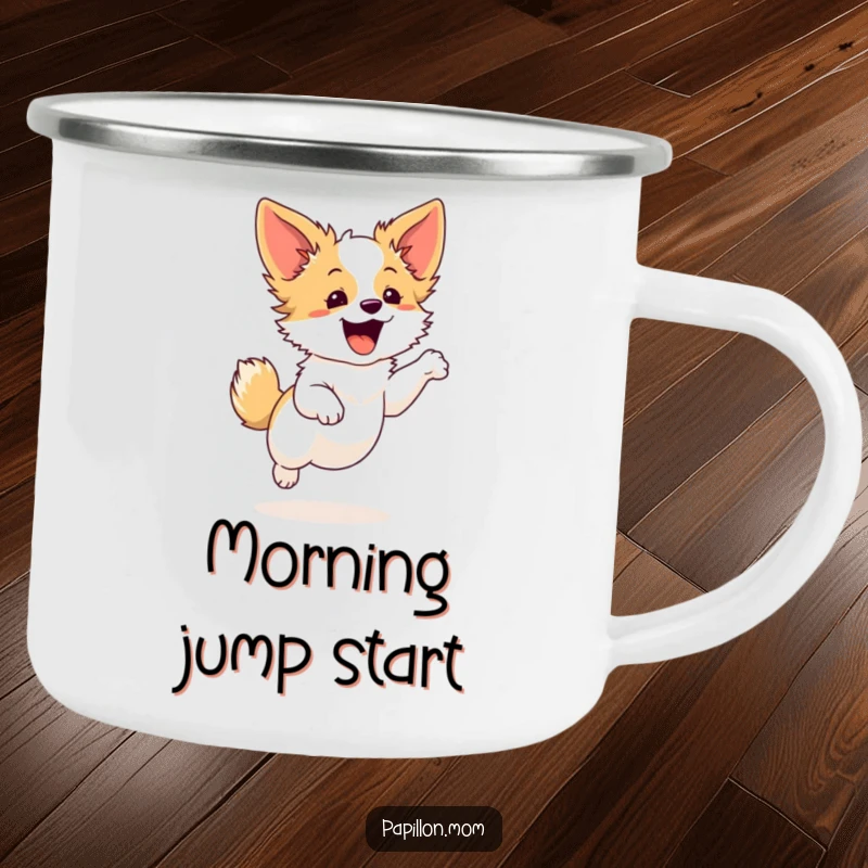 Funny Papillon dog camping mug showing a cute character in a graceful leap, perfect for enjoying beverages outdoors with a spirit of joy.