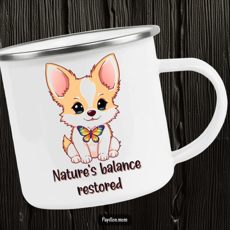 Funny Papillon dog camping mug showing a dog balancing a butterfly on its nose, built for adventure and humor.