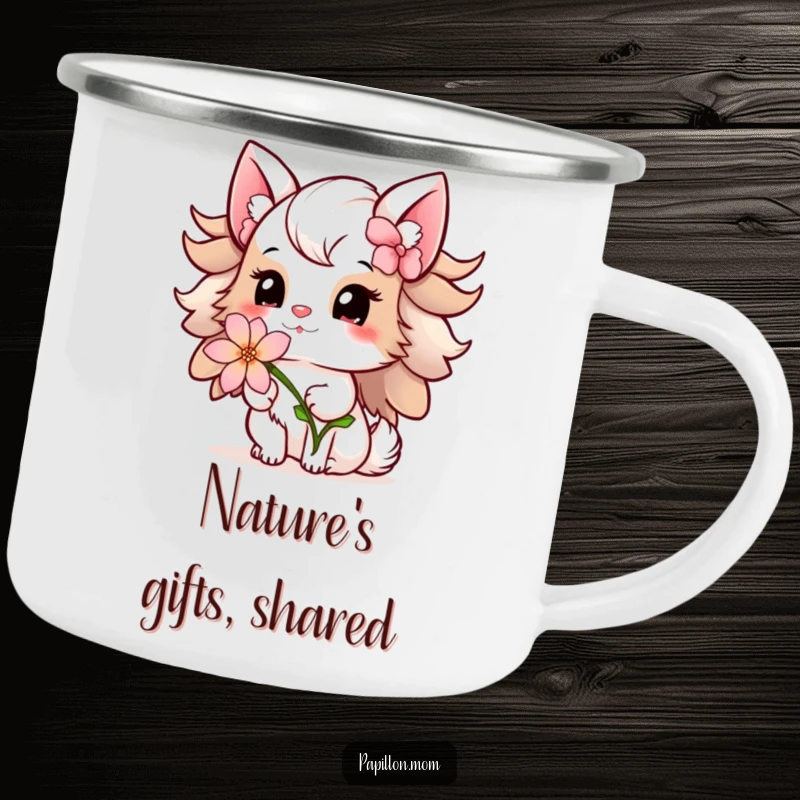 Funny Papillon Lady Camping Mug depicting a gentle offering of a delicate flower with a sweet smile, ready for adventures with kindness.