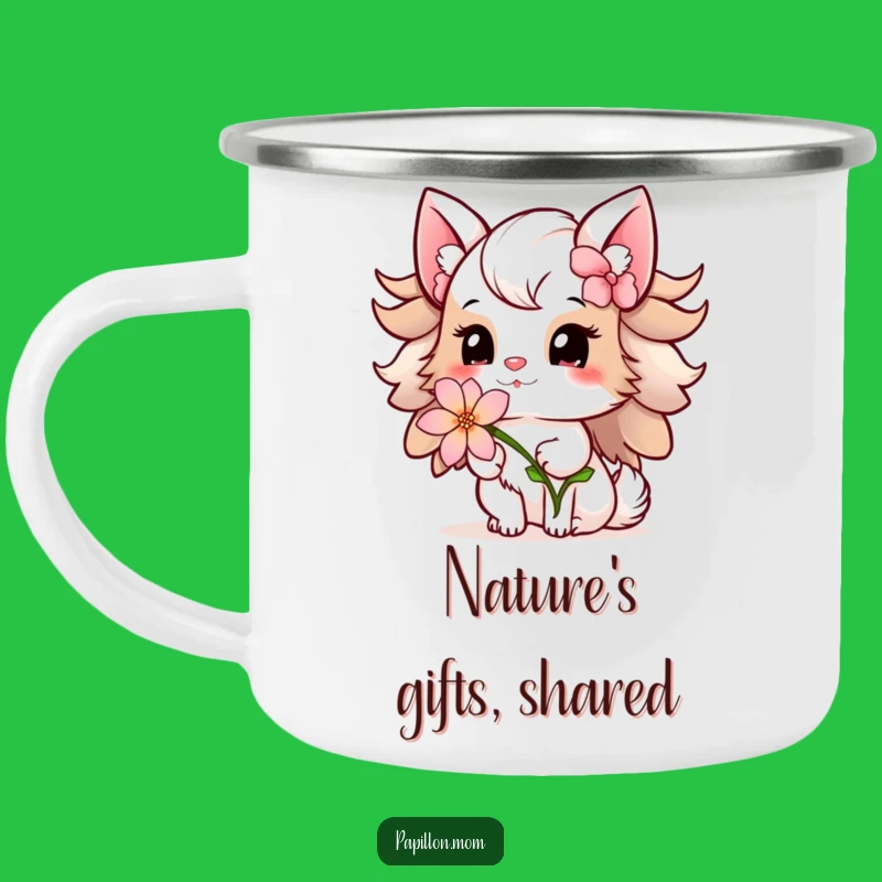 Funny Papillon Lady Camping Mug: Flower Offering – Sip Sweetly!