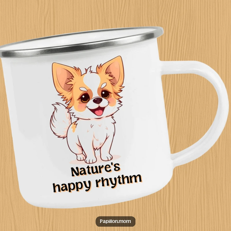 Funny camping mug with a Papillon dog joyfully wagging its plumed tail, perfect for outdoor enthusiasts.