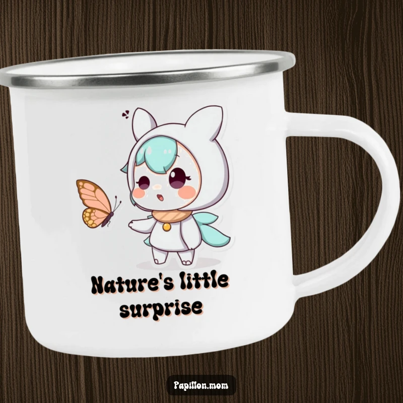 Funny camping mug with a character looking amazed and delighted by a butterfly, built for outdoor fun and carrying doses of joy.