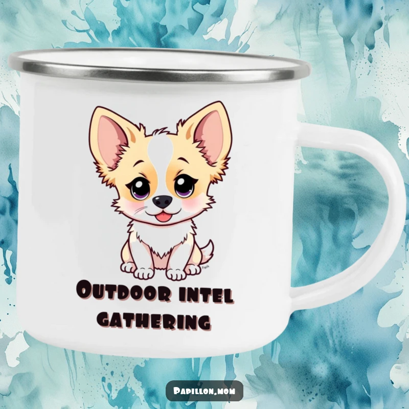 Funny Papillon dog camping mug showing a cute character with ears perked, listening intently, perfect for enjoying beverages outdoors with focus.