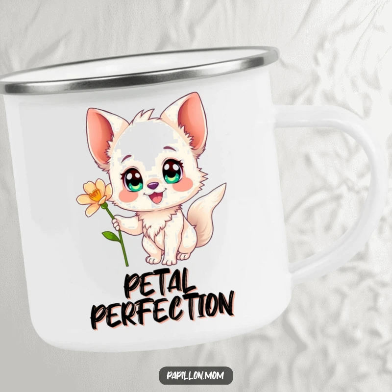 Funny Papillon camping mug showing a happy Papillon dog reaching for a flower, perfect for outdoor enthusiasts and dog lovers.