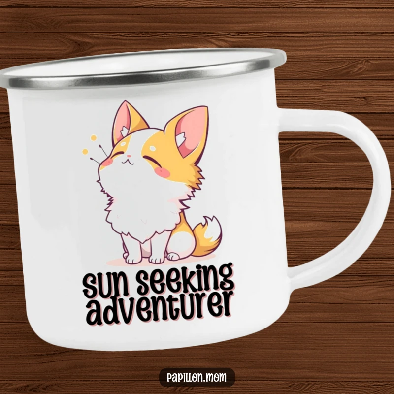 Funny Papillon camping mug showing a dog sighing contentedly while looking up at the sun, perfect for relaxation.