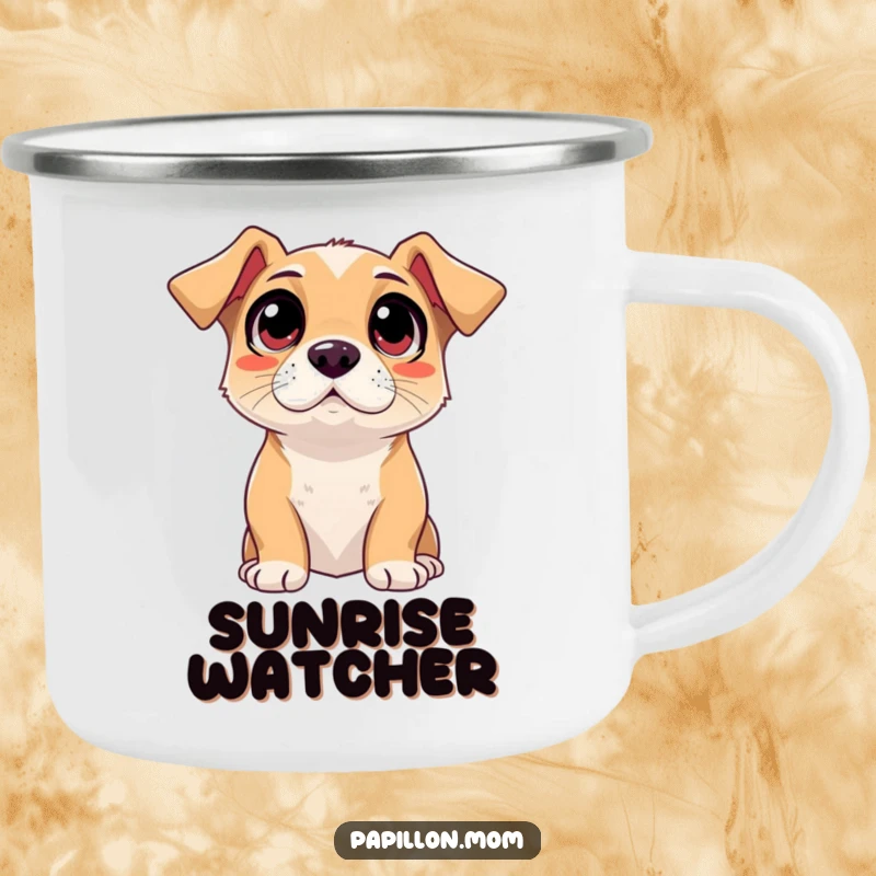 Funny adoring dog camping mug, showing a dog's wide, loving eyes, perfect for adventures.