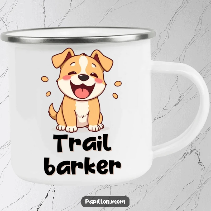 Funny barking dog camping mug, showcasing a happy dog with playful sound ovals, ideal for outdoor use.