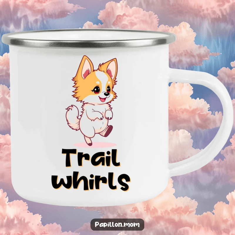 Funny Papillon dog camping mug showing a dog in an energetic twirl, built for adventure and fun.