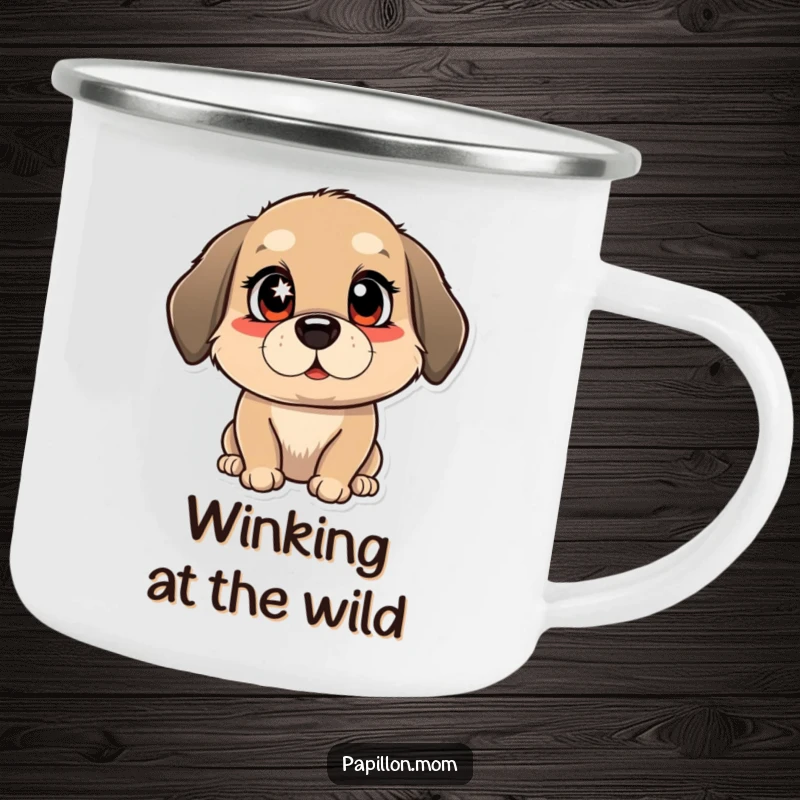 Funny camping mug with a dog winking with a bright, mischievous sparkle in its eyes; durable and ready for outdoor fun.