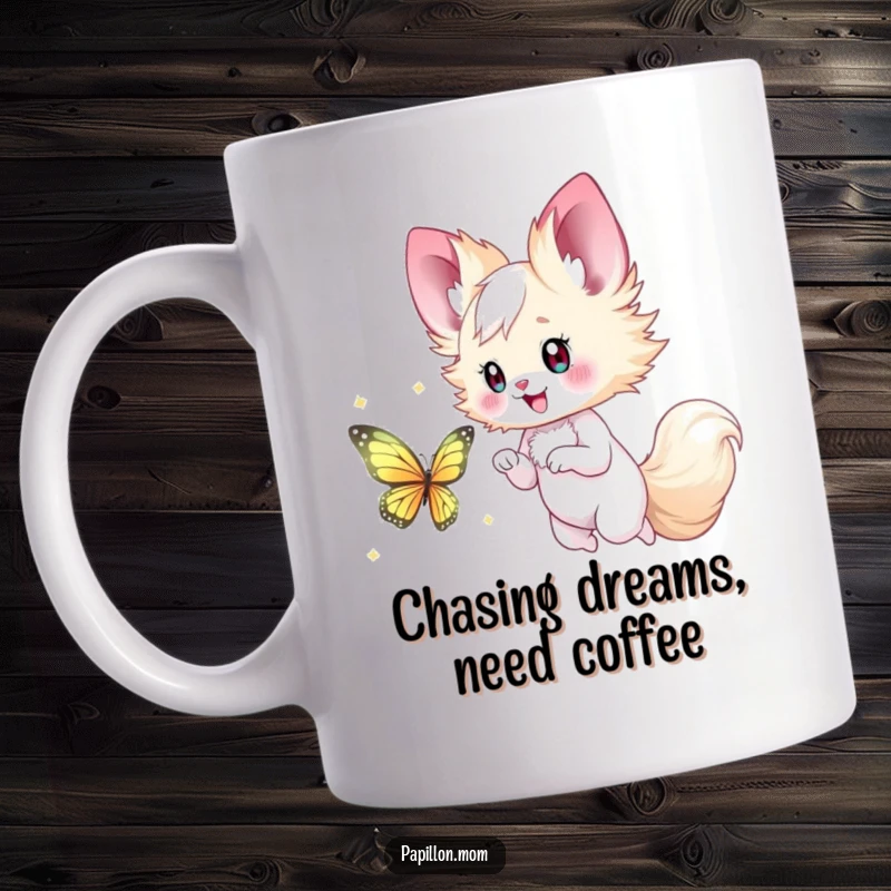 Funny Papillon Lady Mug depicting a creature happily chasing a shimmering butterfly, embodying playful wonder and joyful pursuit.