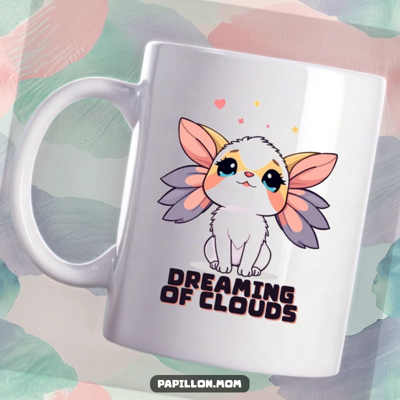 Funny Papillon Mug featuring a lady dog looking up at the sky with wonder, capturing a moment of awe and hopeful curiosity.