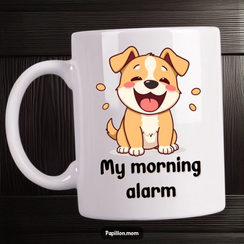 Funny barking dog mug illustration, with playful oval sound lines, representing happy canine vocalizations and joy.