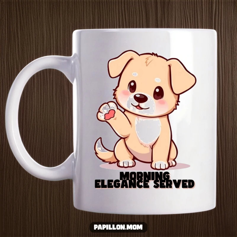 Funny mug depicting a dog striking a delicate pose, with one paw elegantly extended, showcasing poise and artistic flair.