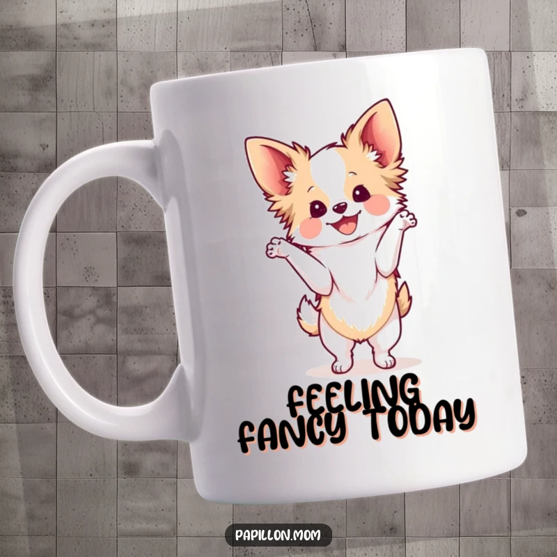 Funny Kawaii Papillon dog mug, illustration of a cute French butterfly dog striking an elegant pose, radiating pure, unadulterated delight.