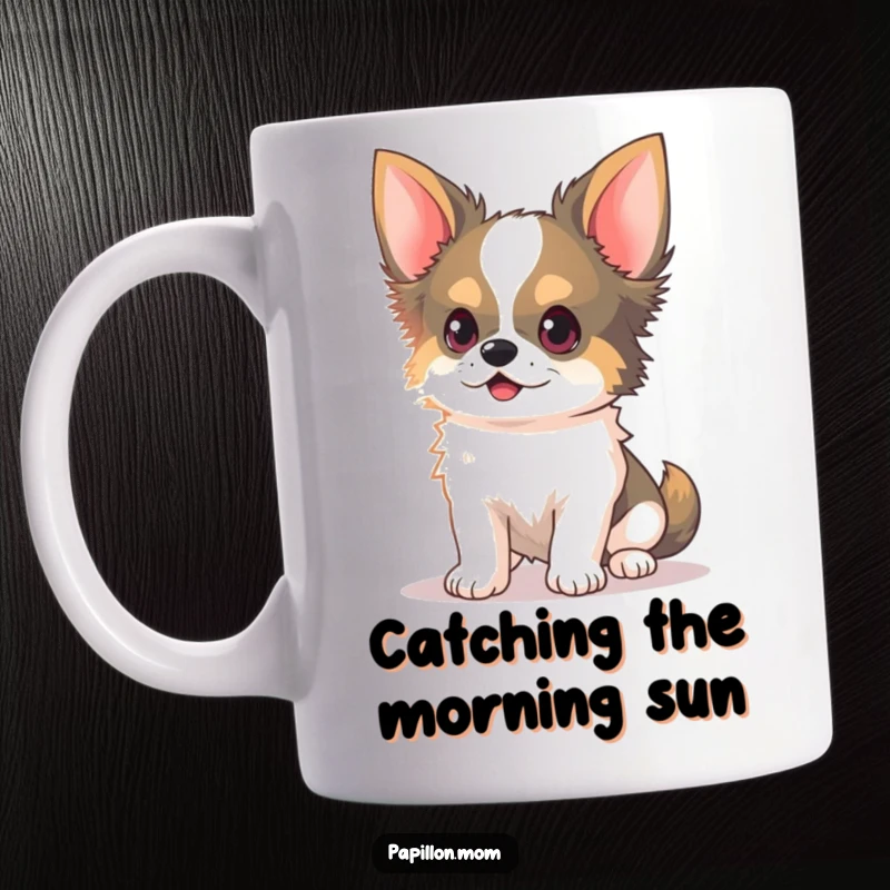 Funny Kawaii Papillon Dog Mug with delicate ears perked, intently chasing a light beam, embodying playful curiosity.
