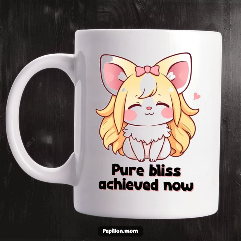 Funny Kawaii Papillon Lady mug with closed eyes and a tiny happy sigh, conveying peaceful contentment and gentle, humorous relaxation.