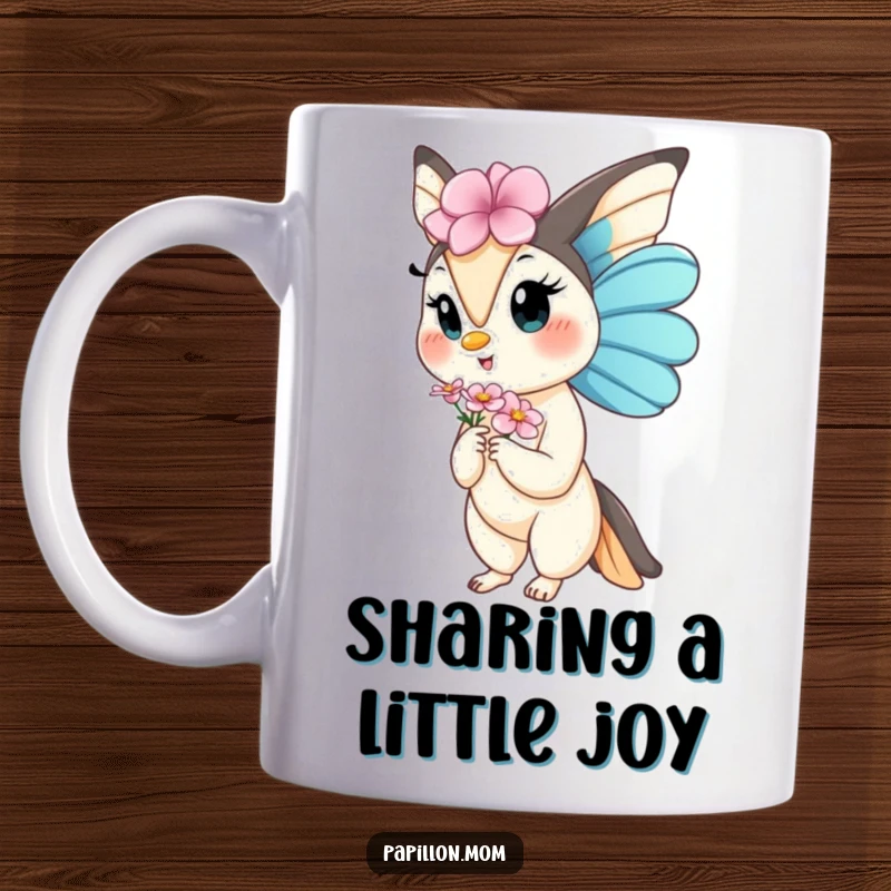 Funny Kawaii Papillon Lady mug showing a graceful dog offering a small flower, conveying sweetness and gentle humor, perfect for gifting.
