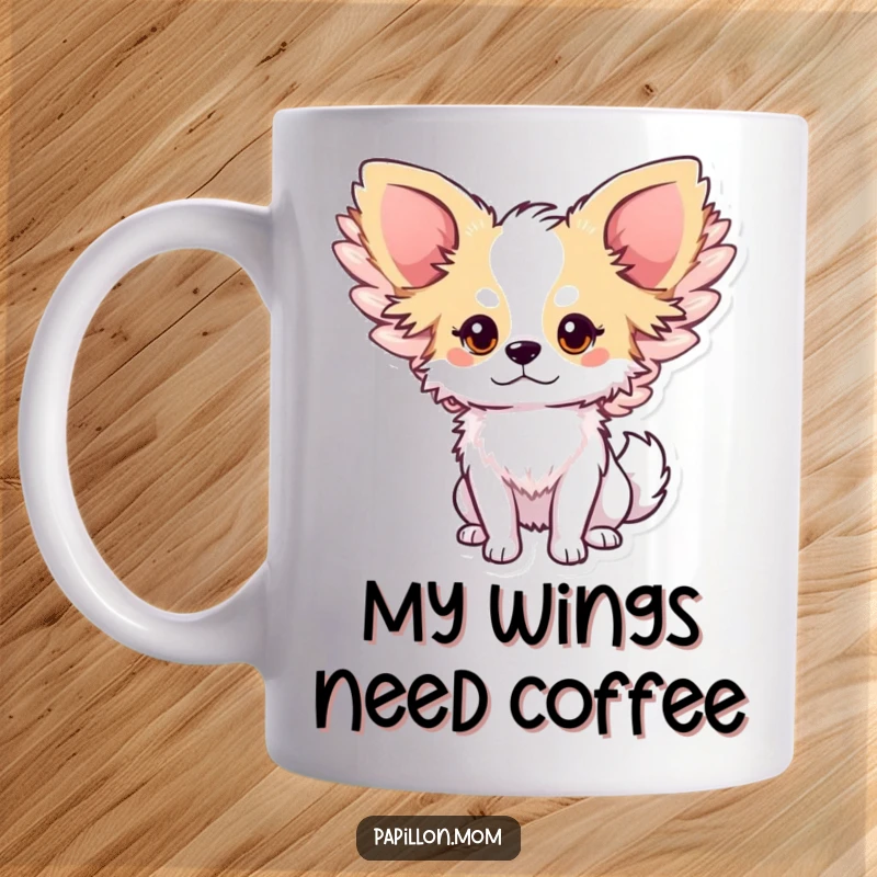Funny Papillon dog mug showcasing a cute character with large, gentle wings flapping, embodying sweetness and a touch of angelic charm.