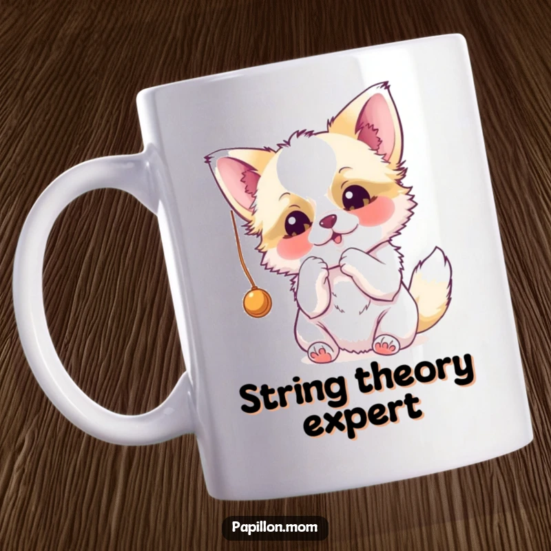 Funny Papillon mug featuring a playful Papillon dog mid-bat with a dangling string, showcasing its energetic and cute personality.