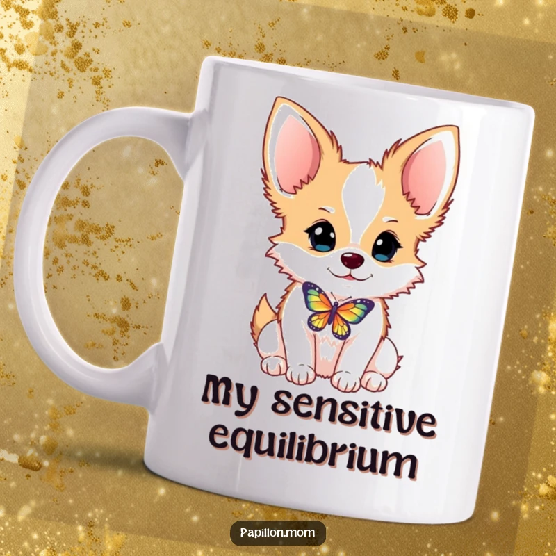 Funny Papillon dog mug delicately balancing a tiny butterfly on its nose, showcasing playful charm and unique artistry.