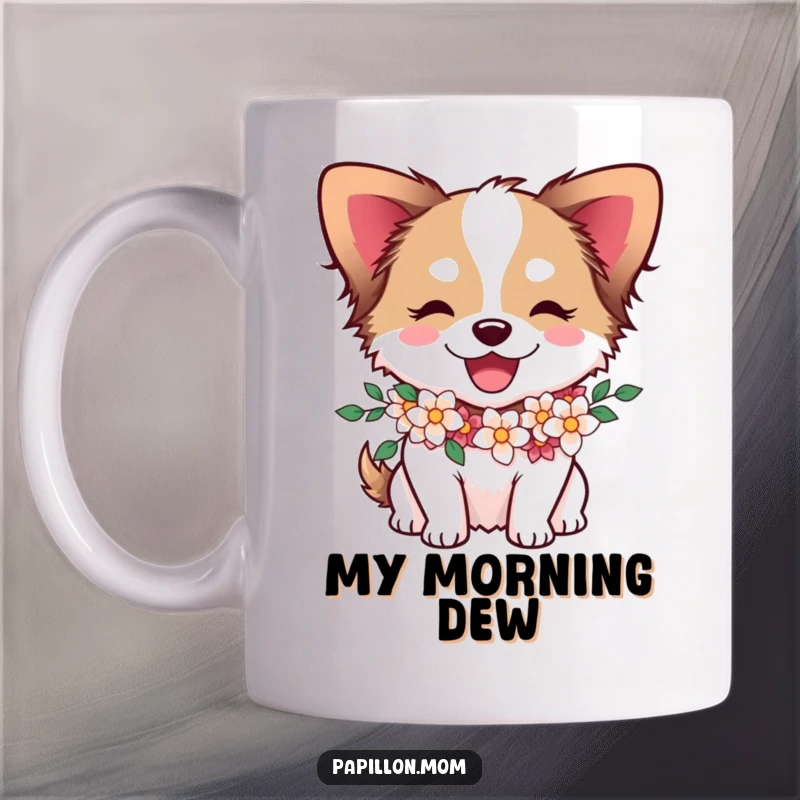Funny Papillon dog character wearing a flower garland around its neck, looking joyful and sweet on a mug.