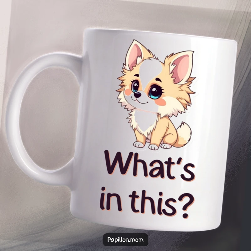 Funny Papillon Lady Mug showing a creature with an inquisitive tilt of her head, embodying curiosity and thoughtful observation.