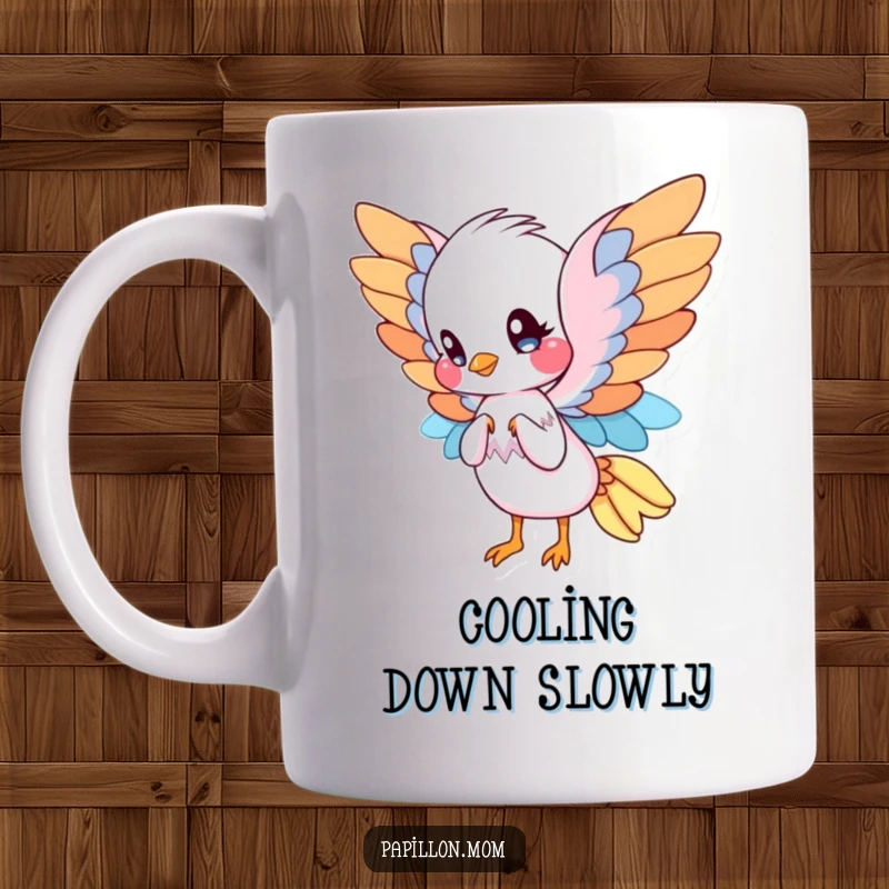 Funny Papillon dog mug showing a cute Papillon with elegant, wing-like ears, gracefully fanning itself, exuding charm and style.