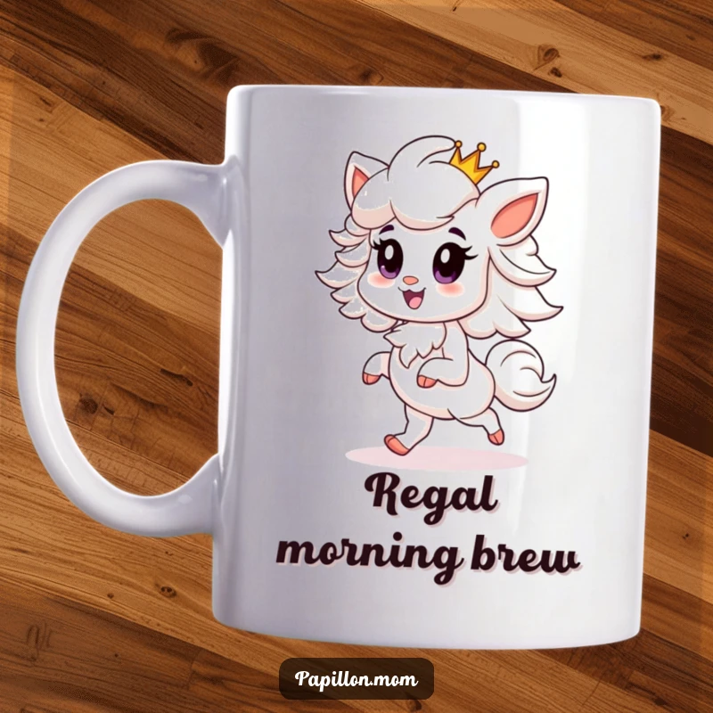 Funny Papillon dog mug showing a proud Papillon dog prancing gracefully wearing a small, elegant crown, embodying noble charm.