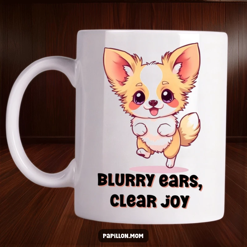 Funny Papillon mug showing a dog performing a silly hop with blurred ears, capturing its boundless energy and playfulness.