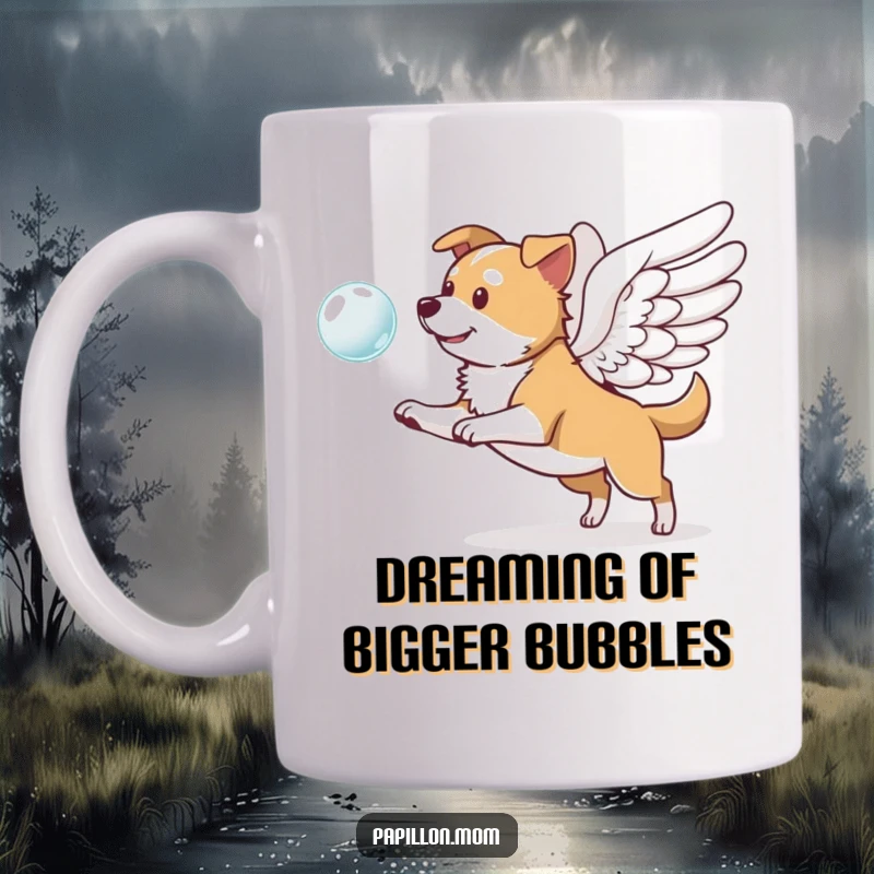 Funny mug illustrating a dog with prominent wings, gleefully chasing a floating bubble with playful abandon and a joyful expression.