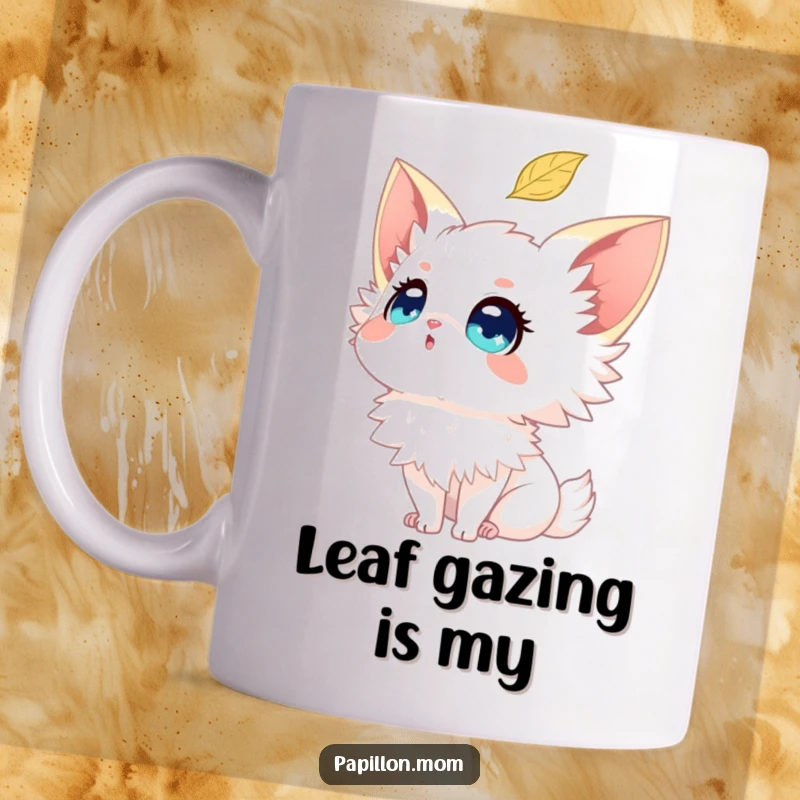 Funny Papillon mug featuring a dog with wide, sparkling eyes looking up at a single falling leaf, showcasing wonder.