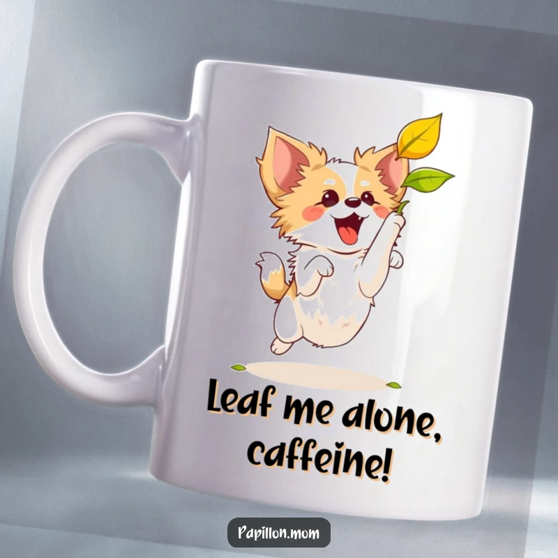 Funny Papillon dog jumping high in the air to catch a brightly colored falling leaf, full of playful energy.