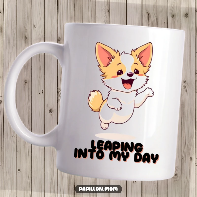 Funny Papillon dog mug showing a cute character performing a small, graceful leap with excitement, radiating happiness and playful energy.