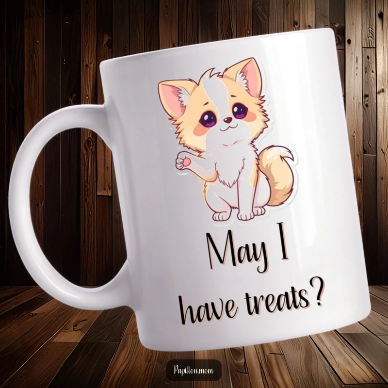 Funny Papillon Mug featuring a lady dog playfully extending a small, outstretched paw, inviting interaction and spreading cute charm.