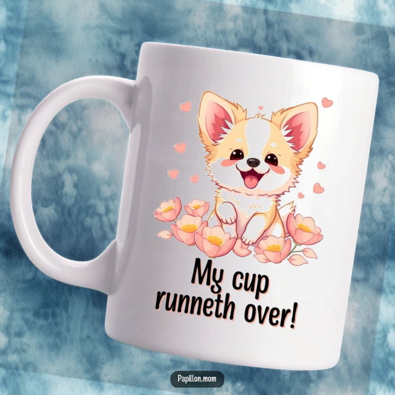 Funny Kawaii Papillon dog mug, illustration of a cute French butterfly dog fluttering with excitement amidst soft, delicate petals.