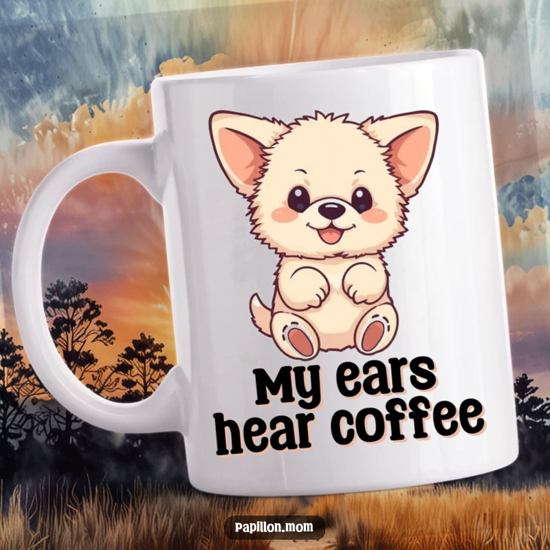 Funny mug showcasing a small, fluffy dog with enormous ears, joyfully fluttering its paws mid-air, radiating pure happiness and doggy excitement.