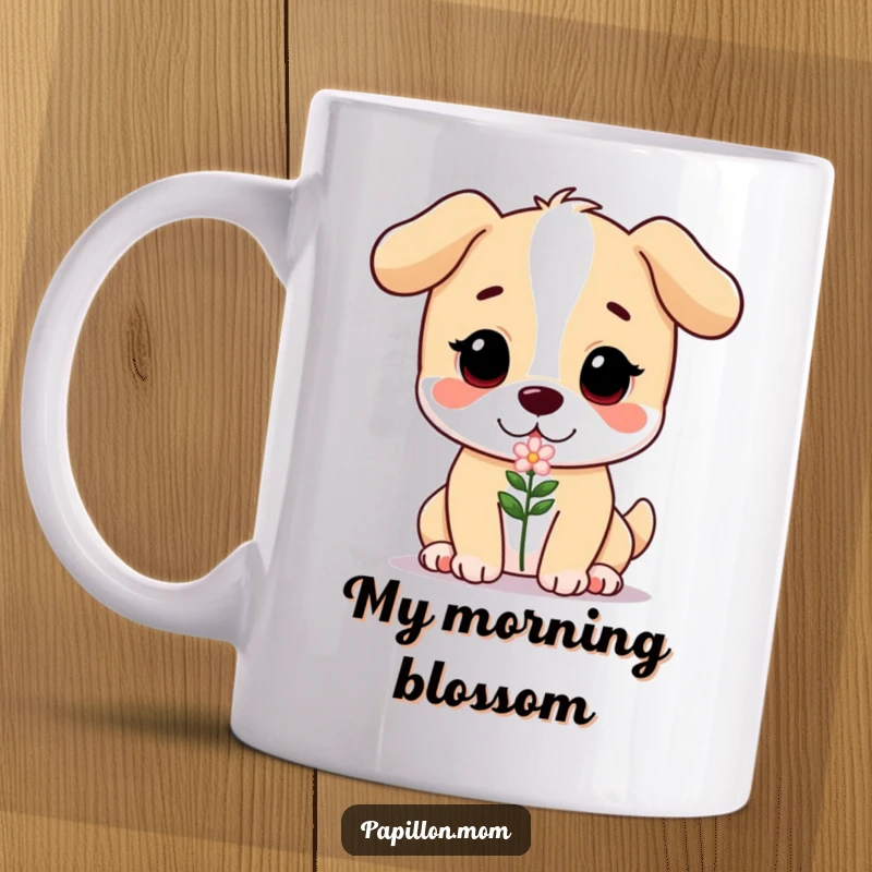 Funny mug showing a sweet, gentle dog with a loving expression, tenderly offering a small, beautiful flower with its paws.