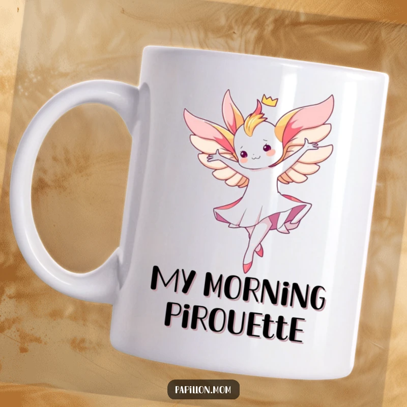 Funny Kawaii Papillon mug showcasing a cute lady performing a graceful aerial twirl, full of elegance and fluid motion.