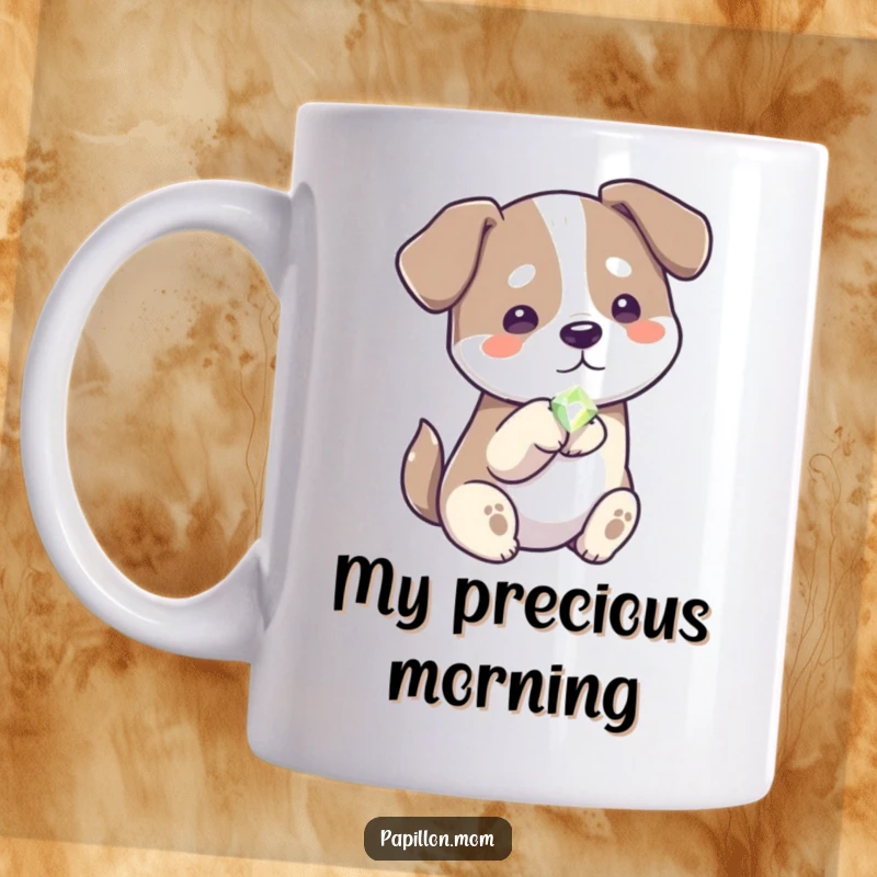 Funny generous dog mug art, showing a dog gently offering a shiny gem with its paw, a symbol of kindness.