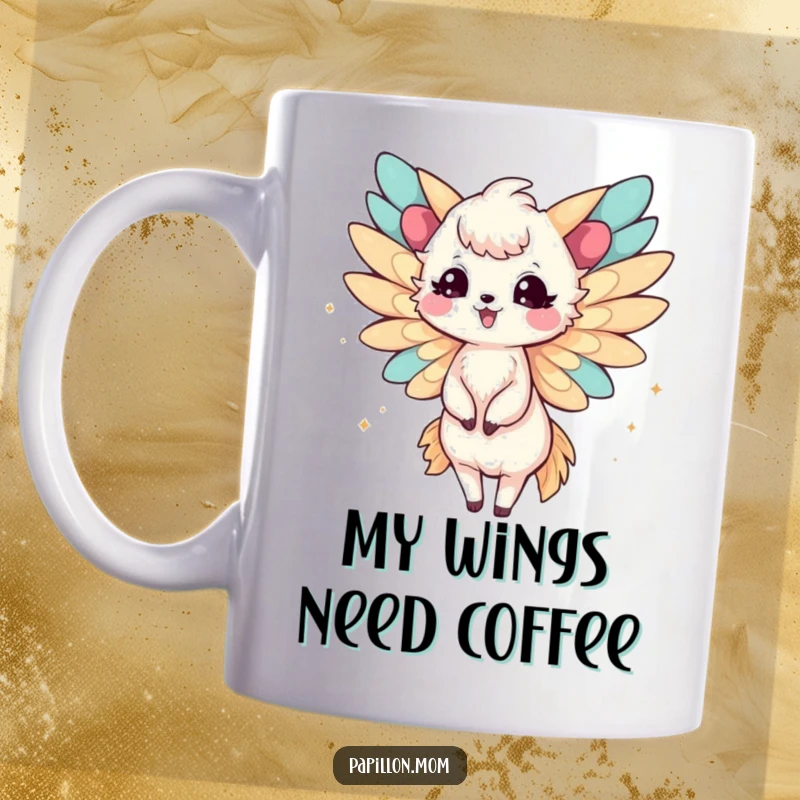 Funny Papillon Lady Mug featuring a delicate creature with wings fluttering joyfully, embodying pure happiness and light spirit.