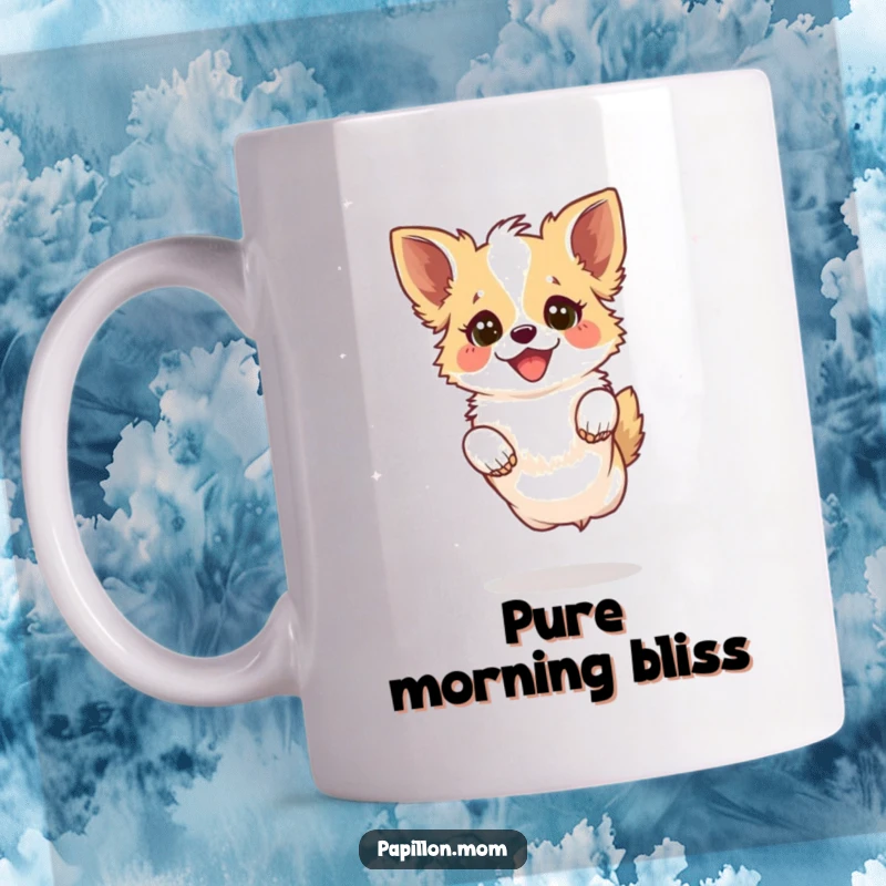 Funny Kawaii Papillon Dog Mug showing a Papillon dog leaping playfully with a joyful sparkle in its eyes, embodying pure canine happiness.