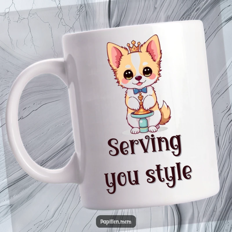 Funny Kawaii Papillon dog mug, illustration of a stylish French butterfly dog balancing a small, fancy accessory with undeniable flair and charm.