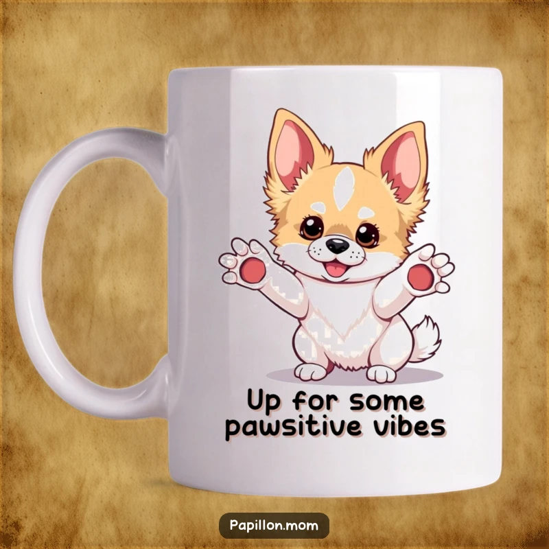 Funny Kawaii Papillon dog mug, paws extended in a playful 'pick me up' gesture, adorable and ready for fun.