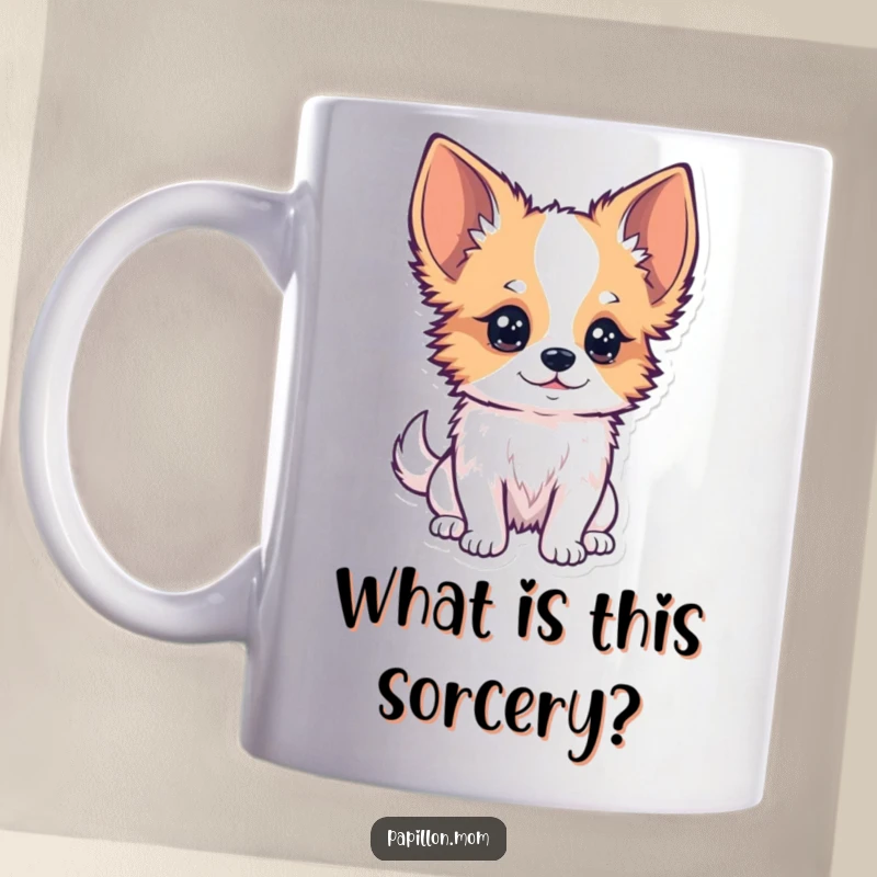 Funny Kawaii Papillon Dog Mug showing a Papillon dog with a curious tilt of its head, observing closely with attentive eyes.