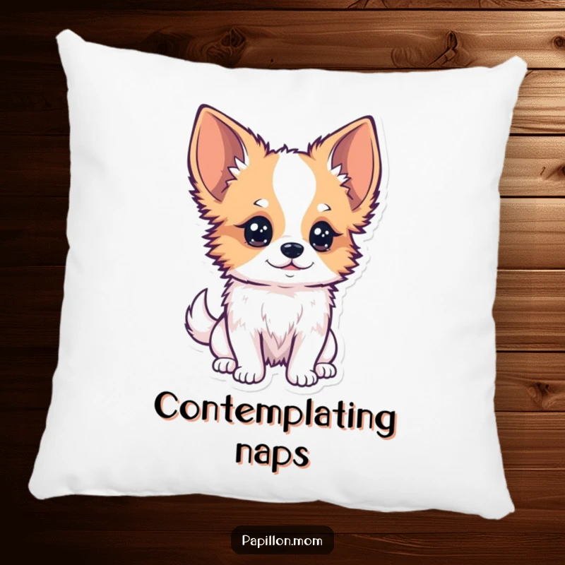 Funny Kawaii Papillon Dog Pillow featuring a Papillon dog with a curious tilt of its head, observing closely, ideal for cozy contemplation.