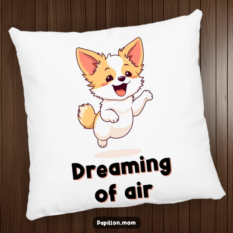 Funny Papillon dog pillow with a cute character in a graceful leap, offering comfort and a touch of celebratory energy.